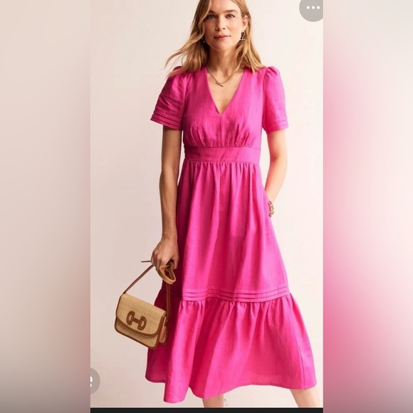 Boden eve midi linen dress pop pansy pink size 12 new with tags. D0849 - Picture 1 of 6